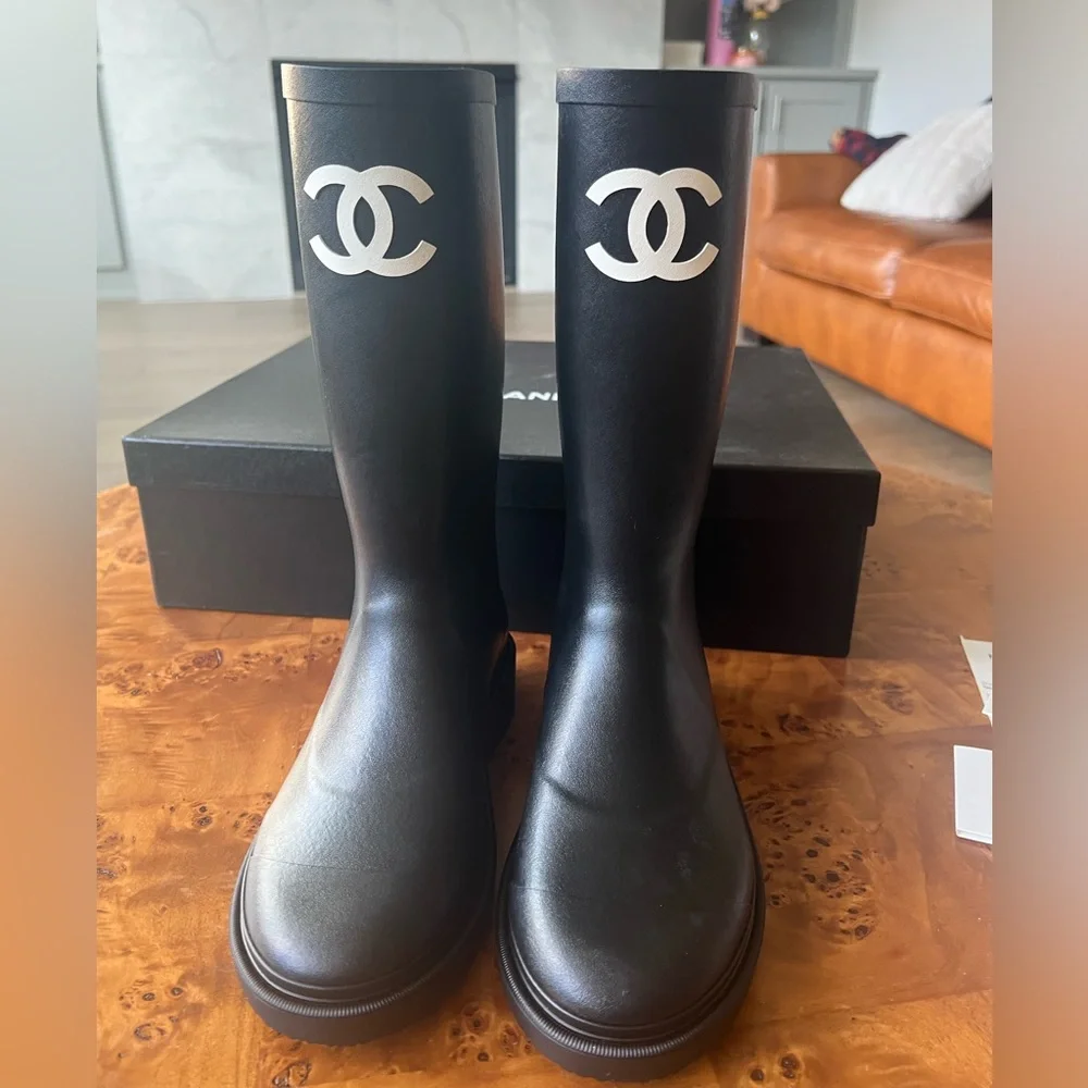 CHANEL | Shoes | Chanel Black Rubber Rain Boots Size 36 | Poshmark